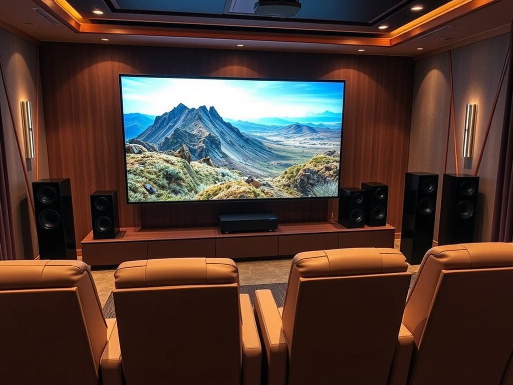 Home theater setup featuring a large screen displaying a mountain landscape, surrounded by two black speaker towers, and three comfortable leather recliners.
